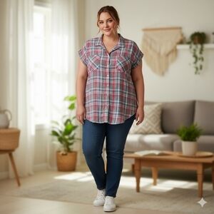 Jachs Girlfriend NWT Women's XXL Pink Gray Plaid Short Sleeve Button Down Shirt